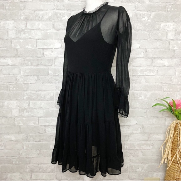 NWOT GENERATION LOVE Black Chiffon Ruffle Long Sleeve Mini Dress w/ Pockets - Picture 2 of 16
